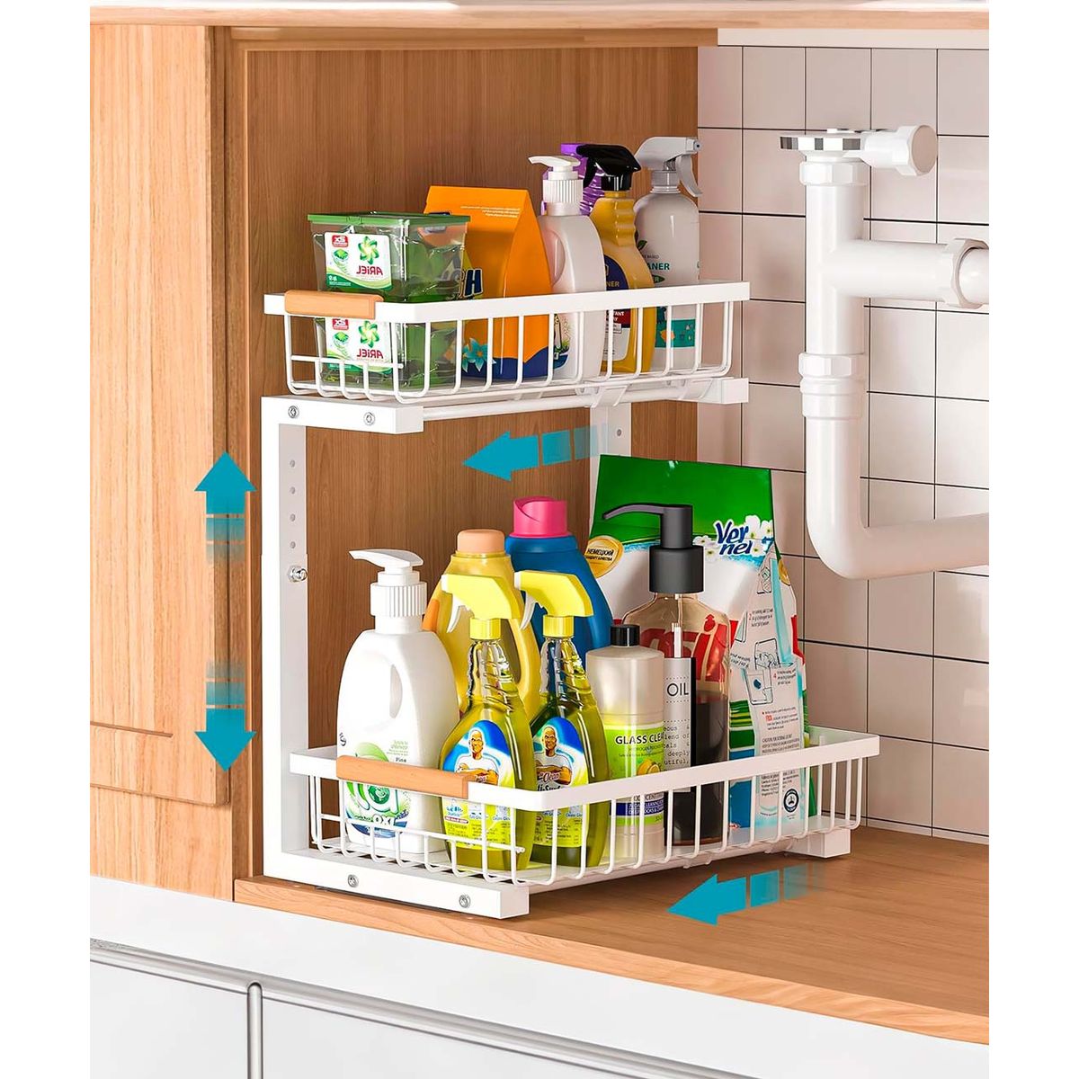 GENERICO - Organizador Estante Multiuso Bajo Lavaplatos Cocina 2 Niveles Blanco