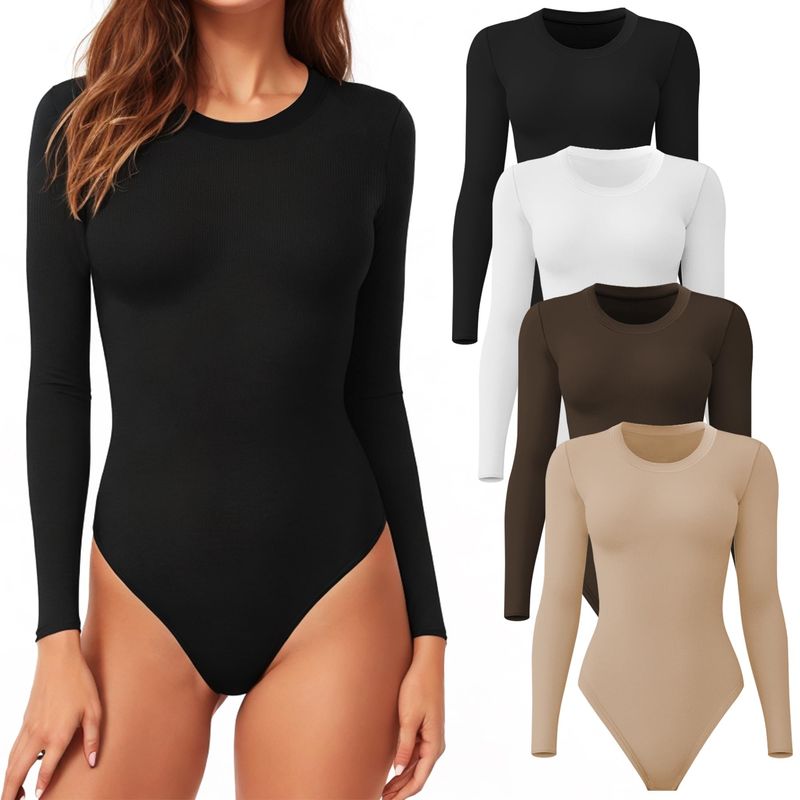 EVERSO - x3 Body Manga Larga De Mujer Sexy Cuello Redondo 2Negro+1Color Surtido
