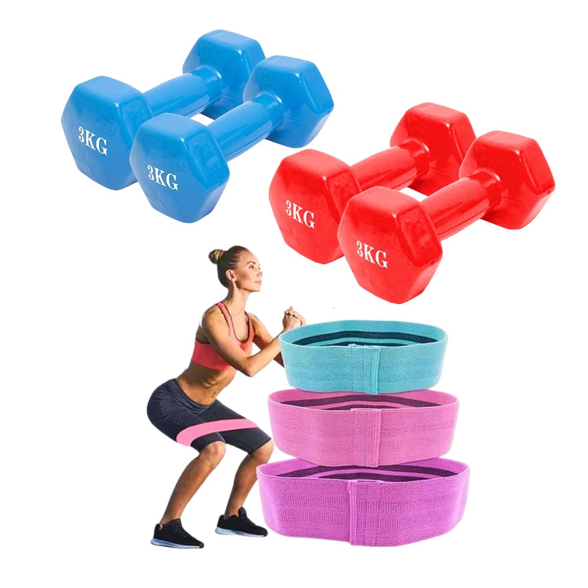 GENERICO - Pack Fitness Bandas Elásticas X3 + 2 Mancuernas 3 Kg C/u