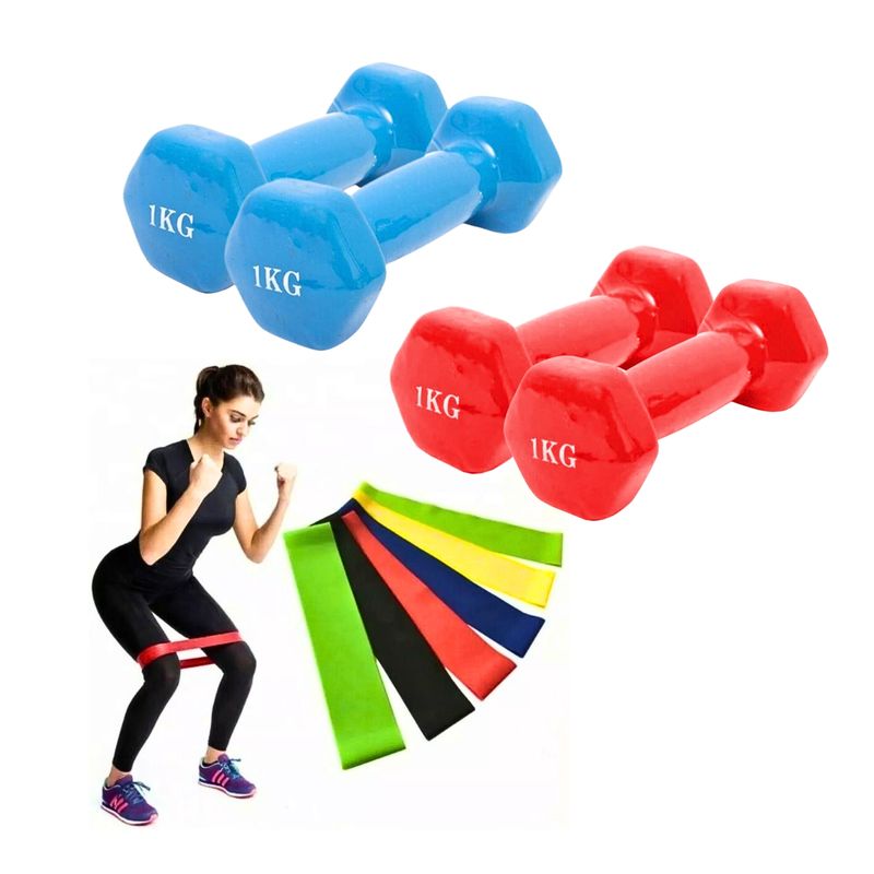 GENERICO - Pack Resistencia Bandas Elásticas X5 + 2 Mancuernas 1 Kg C/u