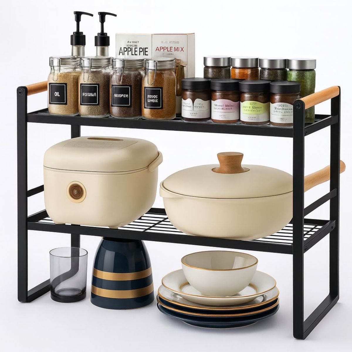 BAZUCA - Repisa Organizador Cocina Acero Madera 2 Niveles 54cm Negro Estilo Nórdico