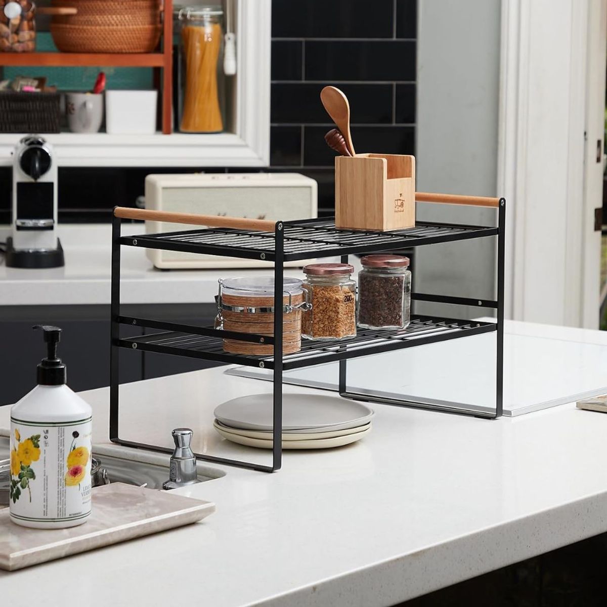 BAZUCA - Repisa Organizador Cocina Acero Madera 2 Niveles 54cm Negro Estilo Nórdico