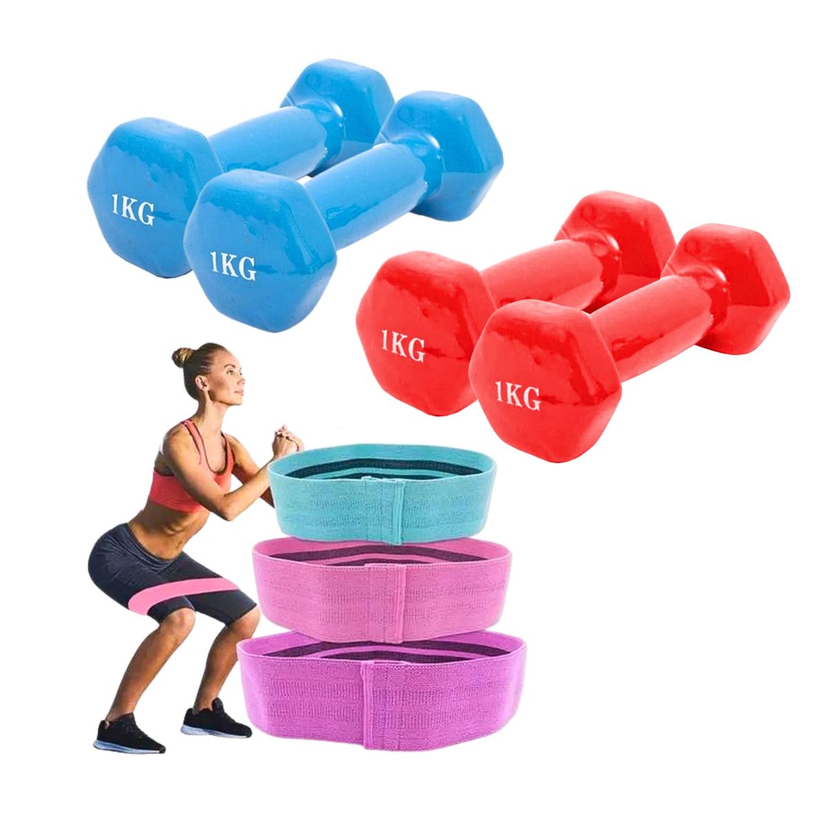 GENERICO - Pack Bandas Elásticas X3 + 2 Mancuernas 1 Kg C/u Resistencia