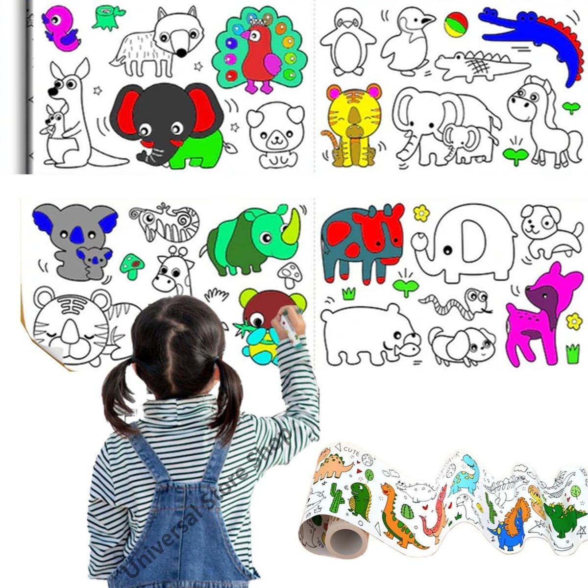 GENERICO - Animales Rollo 3mt Papel Dibujar Colorear Adhesivo Sticker
