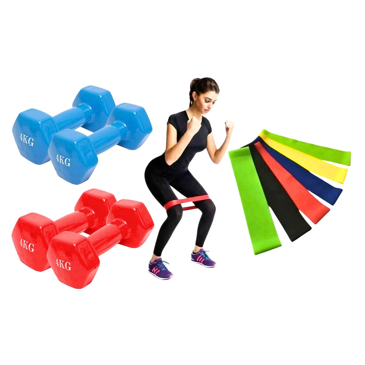 GENERICO - Pack 5 Bandas Elásticas + 2 Mancuernas 4 Kg C/u Fitness