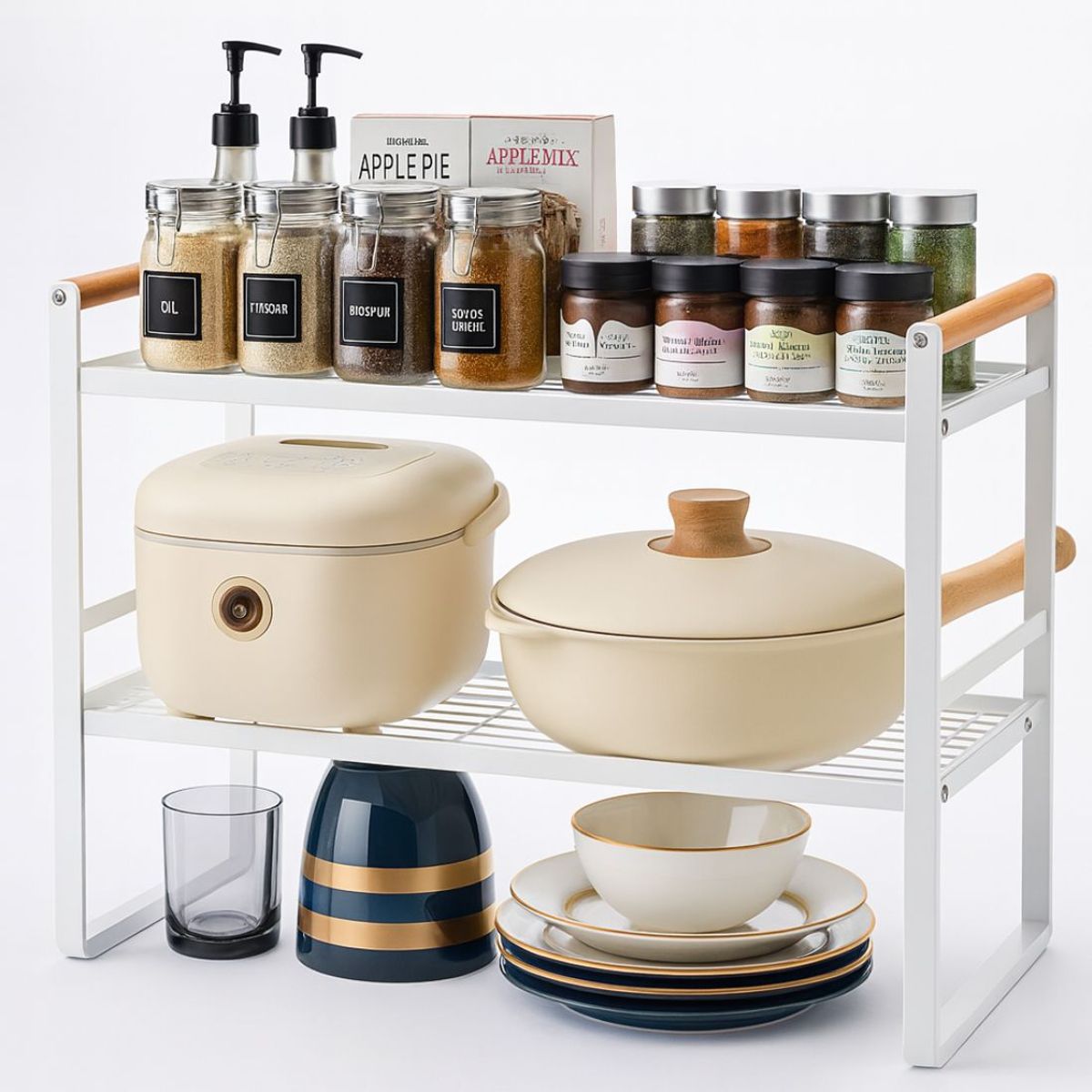 BAZUCA - Repisa Organizador Cocina Acero Madera 2 Niveles 54cm Blanco Estilo Nórdico