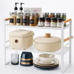 BAZUCA - Repisa Organizador Cocina Acero Madera 2 Niveles 54cm Blanco Estilo Nórdico