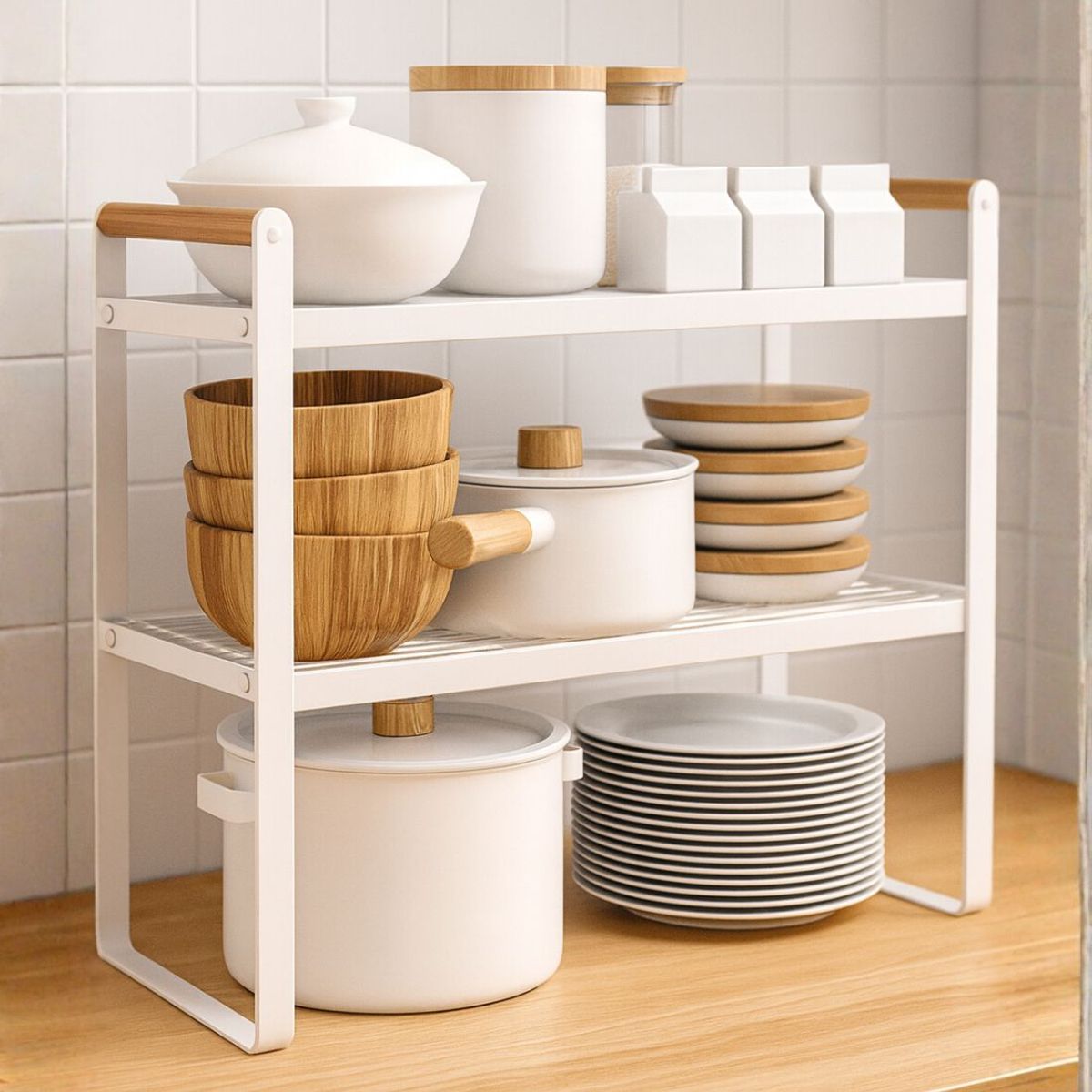 BAZUCA - Repisa Organizador Cocina Acero Madera 2 Niveles 54cm Blanco Estilo Nórdico