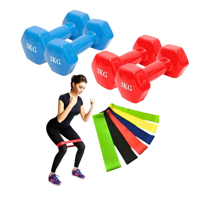GENERICO - Pack Bandas Elásticas X5 + 2 Mancuernas 3 Kg C/u Resistencia