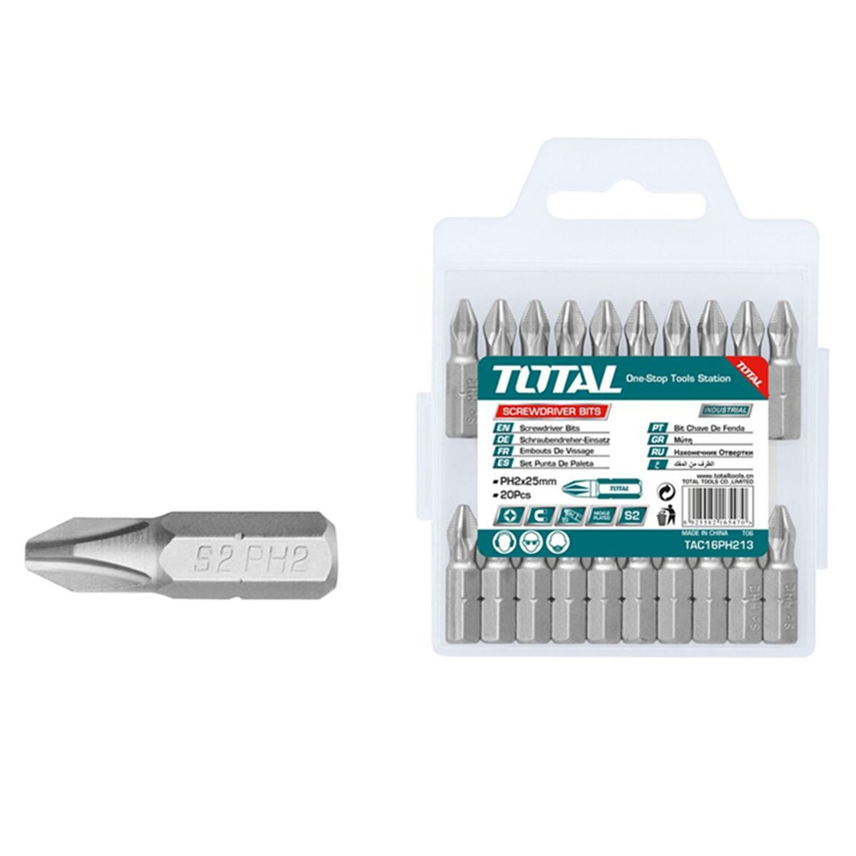 TOTAL TOOLS - Juego Puntas Phillips Hexagonal S2 Ph2 20pc Magnetico Total