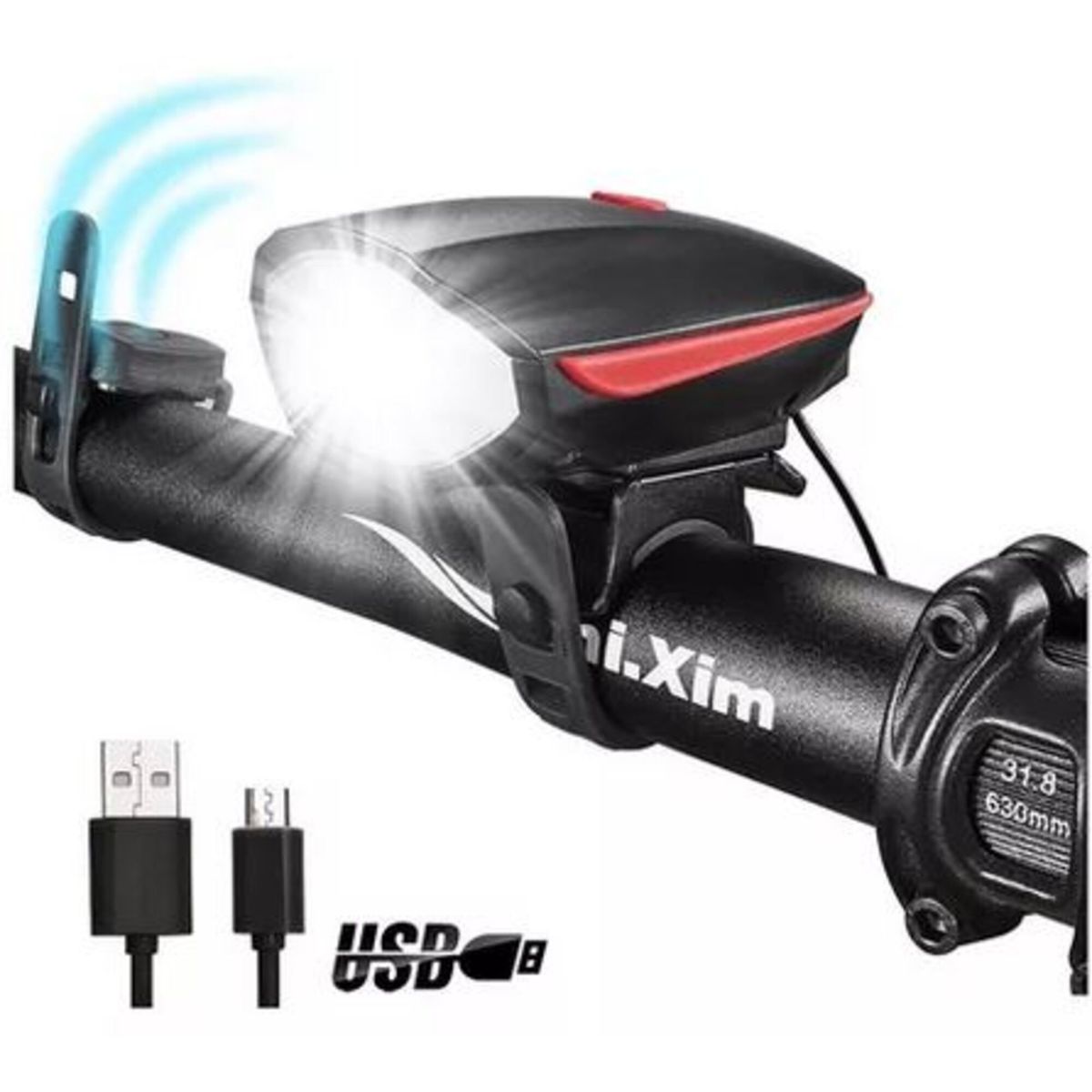 GENERICO - Luz Recargable bicicleta Bocina usb 250 lms Color Rojo