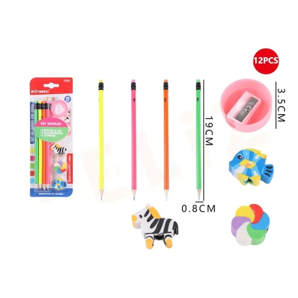 GENERICO - Set De 4 Lápiz Gráfito +Sacapunta+Goma +19cm 12pcs