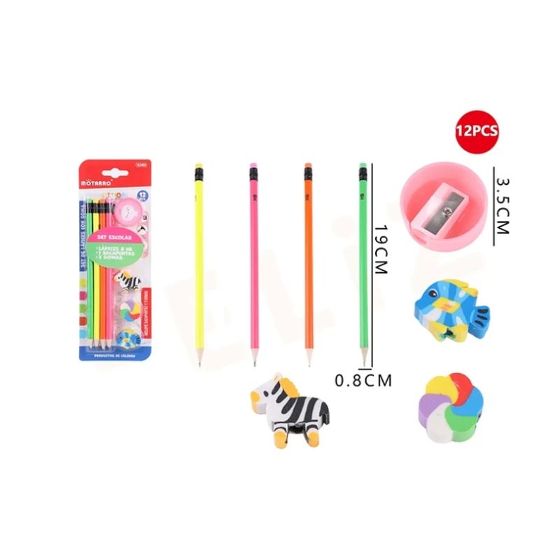 GENERICO - Set De 4 Lápiz Gráfito +Sacapunta+Goma +19cm 12pcs
