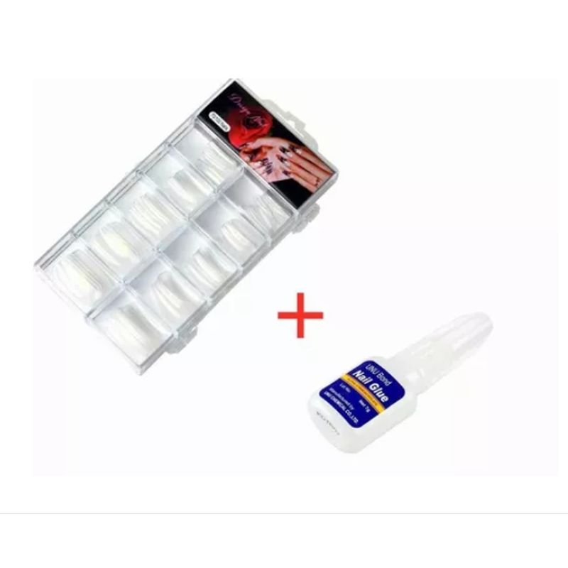 GENERICO - Set 100 Uñas Tips Color Transparente + Pegamento 10g