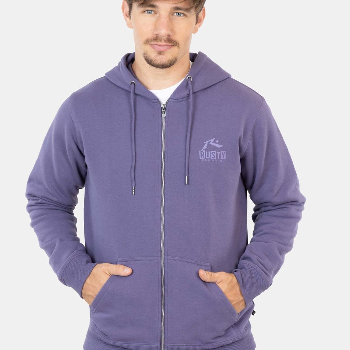 RUSTY - Poleron Destroyed Full Zip Morado Hombre Rusty