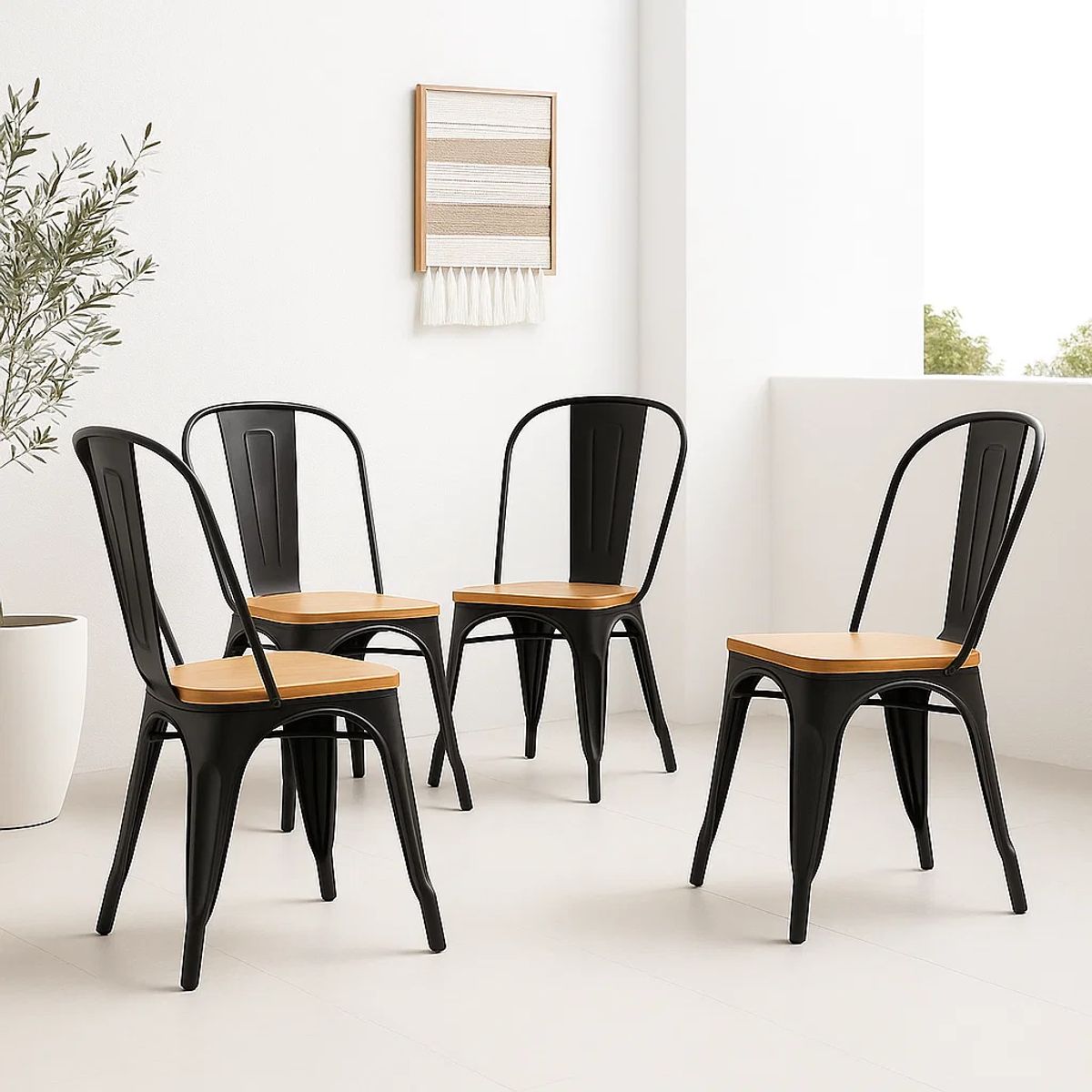 KLIK - Pack de 4 sillas Tolix con asiento de madera Clara - Negras