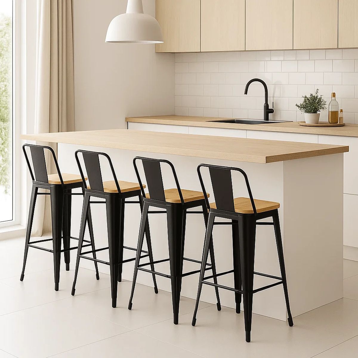 KLIK - Pack de 4 Taburetes Tolix Con Asiento De Madera Clara - Negros