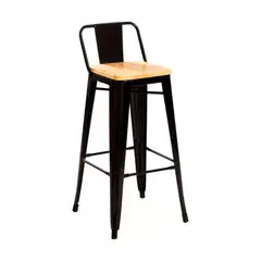 KLIK - Taburete Tolix Negro Alto con Respaldo - Asiento de madera Clara
