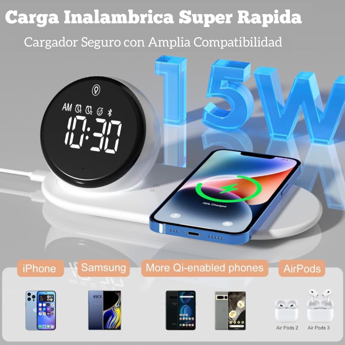 GENERICO - Cargador Inalámbrico Reloj Despertador Bluetooth con Altavoces