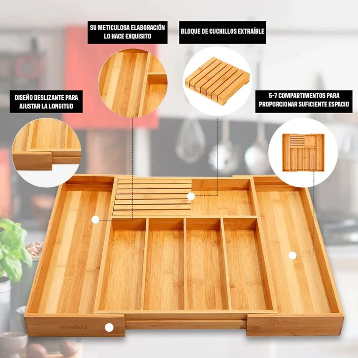 VENHOOUSE - Organizador De Cubiertos De Bambú 7 Compartimientos Expandible