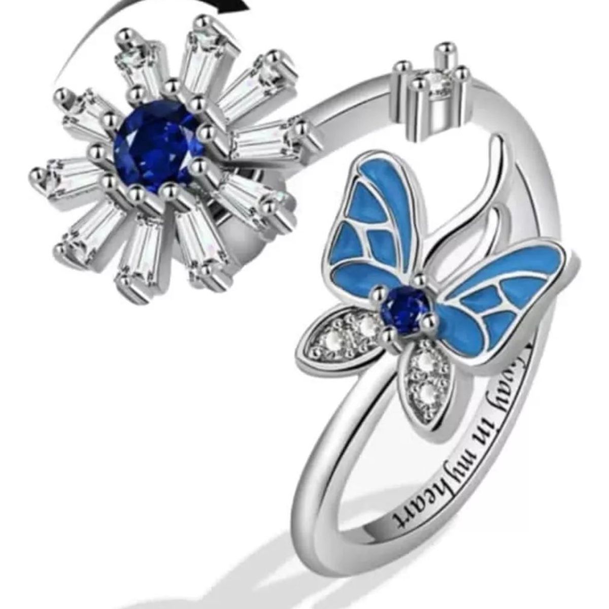 KUANGYE - Anillo Flor Girasol Antiestres Ajustable Bañado en plata