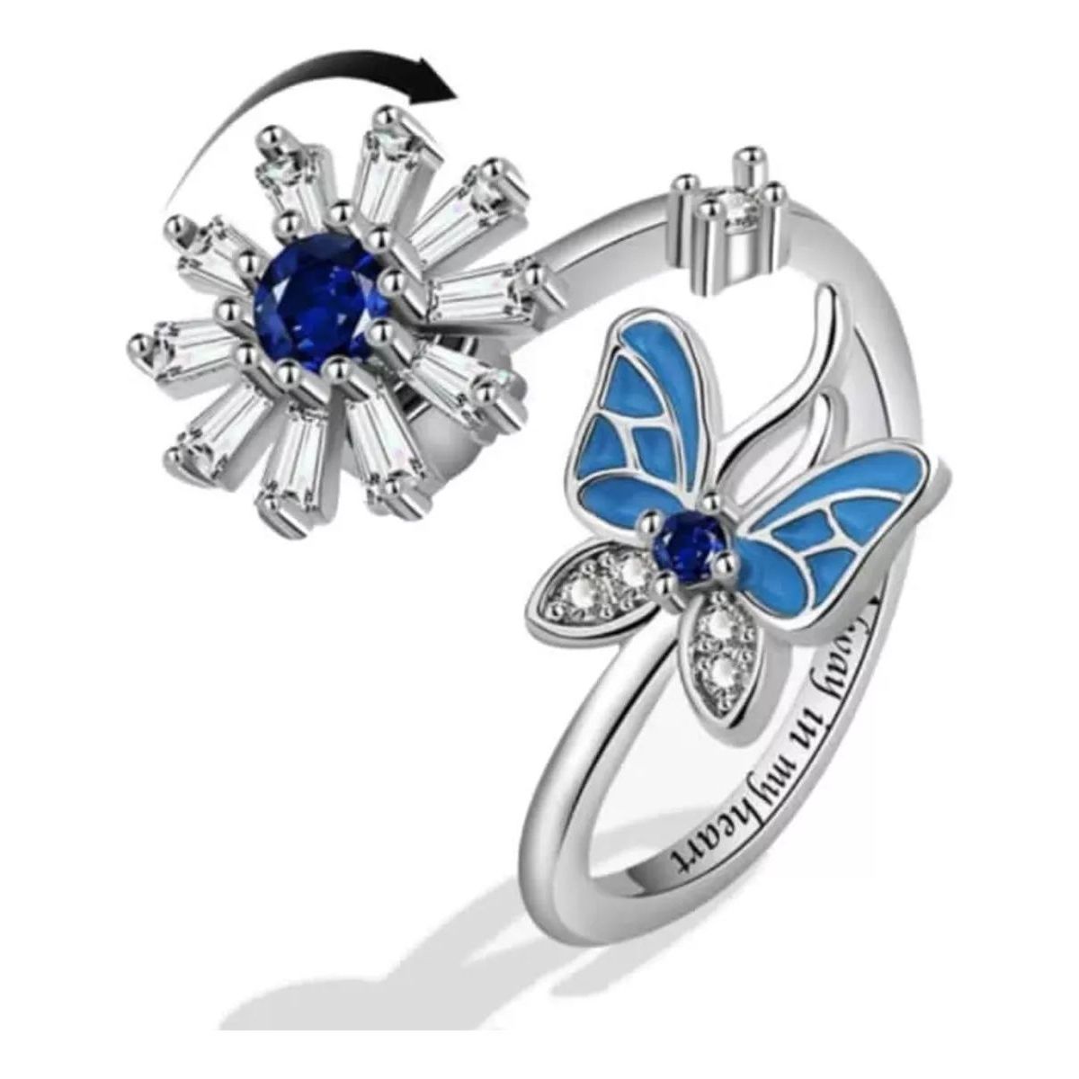 KUANGYE - Anillo Flor Girasol Antiestres Ajustable Bañado en plata