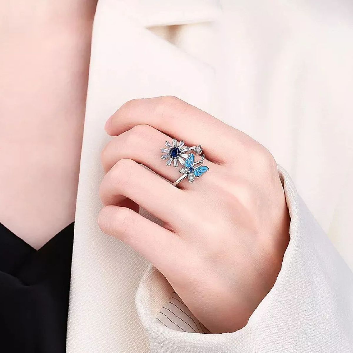 KUANGYE - Anillo Flor Girasol Antiestres Ajustable Bañado en plata