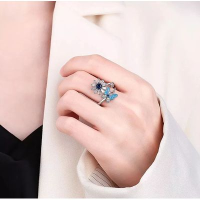 Imagen 2 del producto Anillo Flor Girasol Antiestres Ajustable Bañado en plata