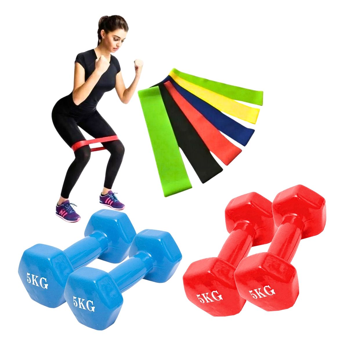 GENERICO - Pack Bandas Elásticas X5 + 2 Mancuernas 5 Kg C/u Resistencia