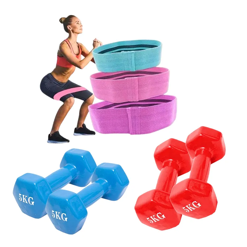 GENERICO - Pack Bandas Elásticas X3 + 2 Mancuernas 5 Kg C/u Resistencia