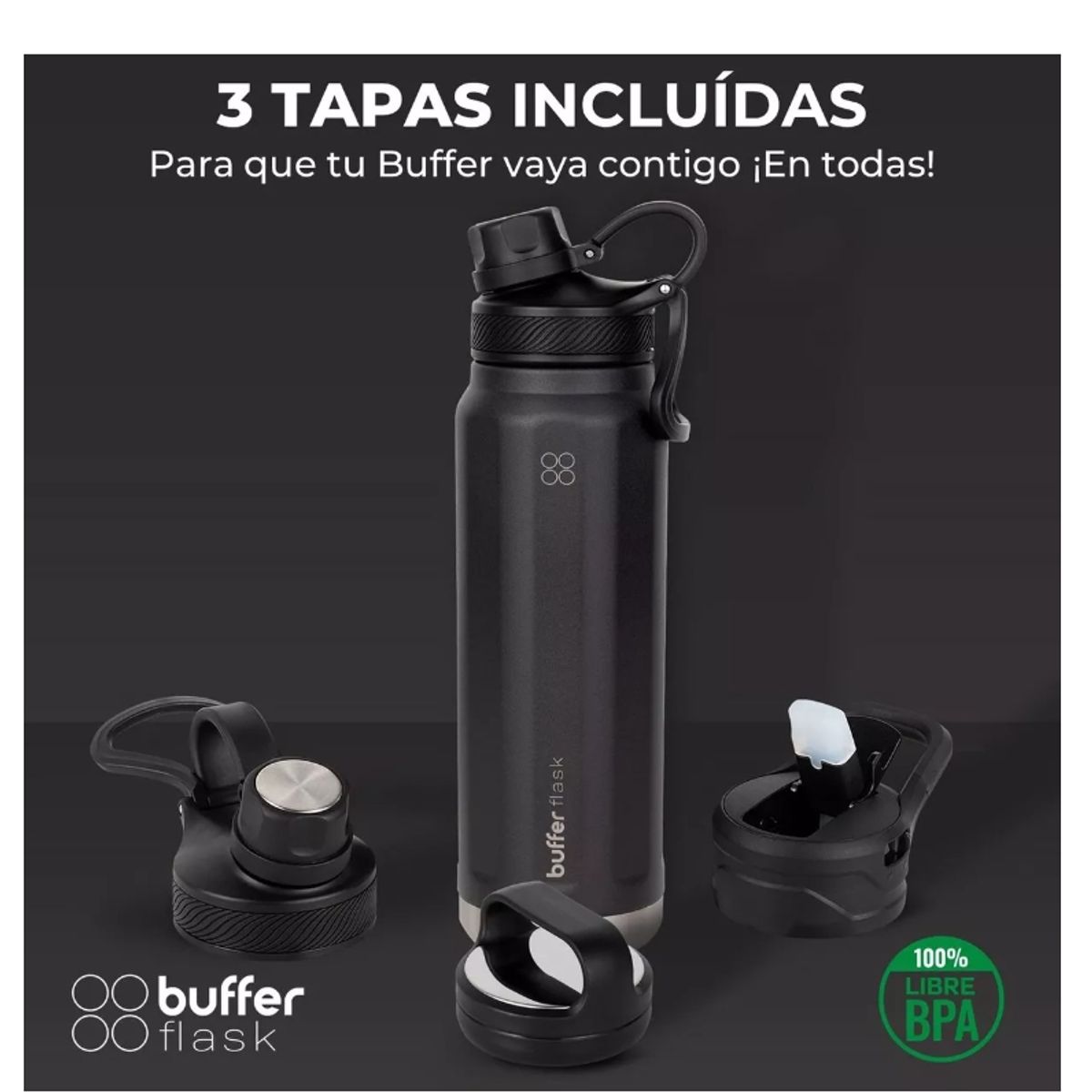 GENERICO - Termo Botella Agua Termica Acero Inoxidable Buffer + Tapas Color Negro