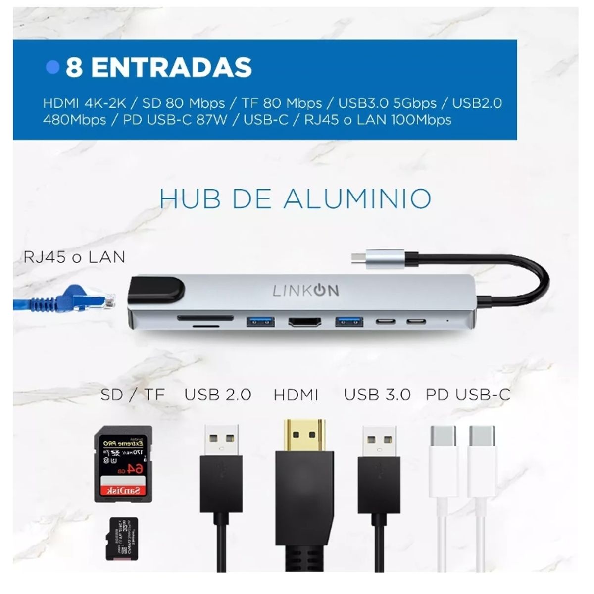 GENERICO - Hub Adaptador Usb Tipo C 8 En 1 Linkon Para Mac Macbook Windows