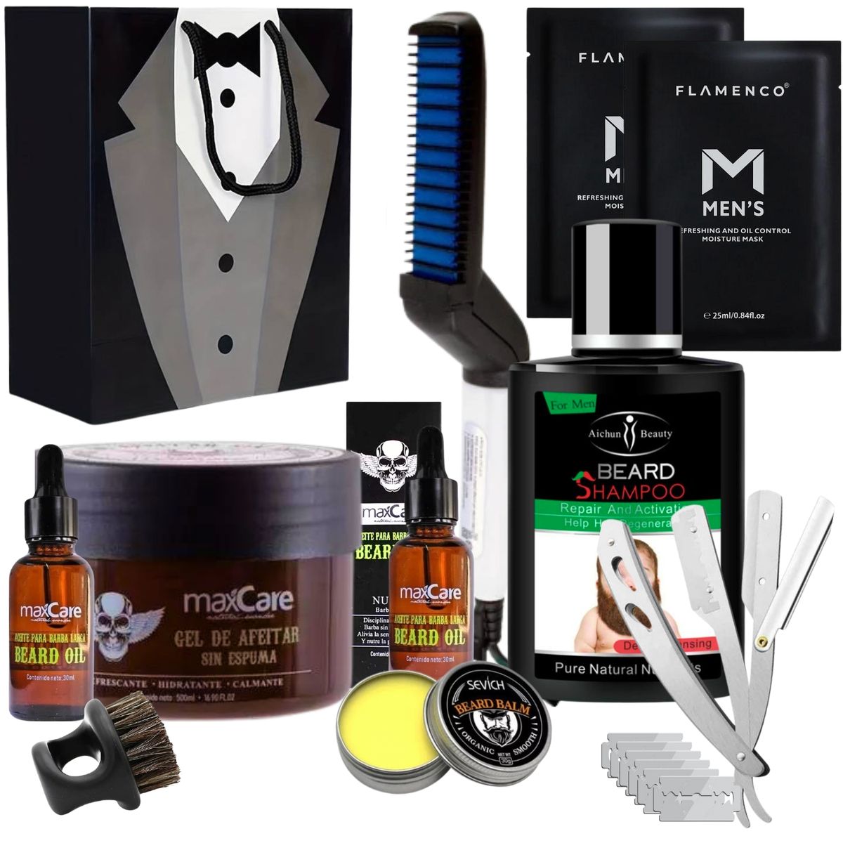 MAXCARE - Kit De Barba 2 Aceite cepillo gel shampoo bálsamo alisador Regalo