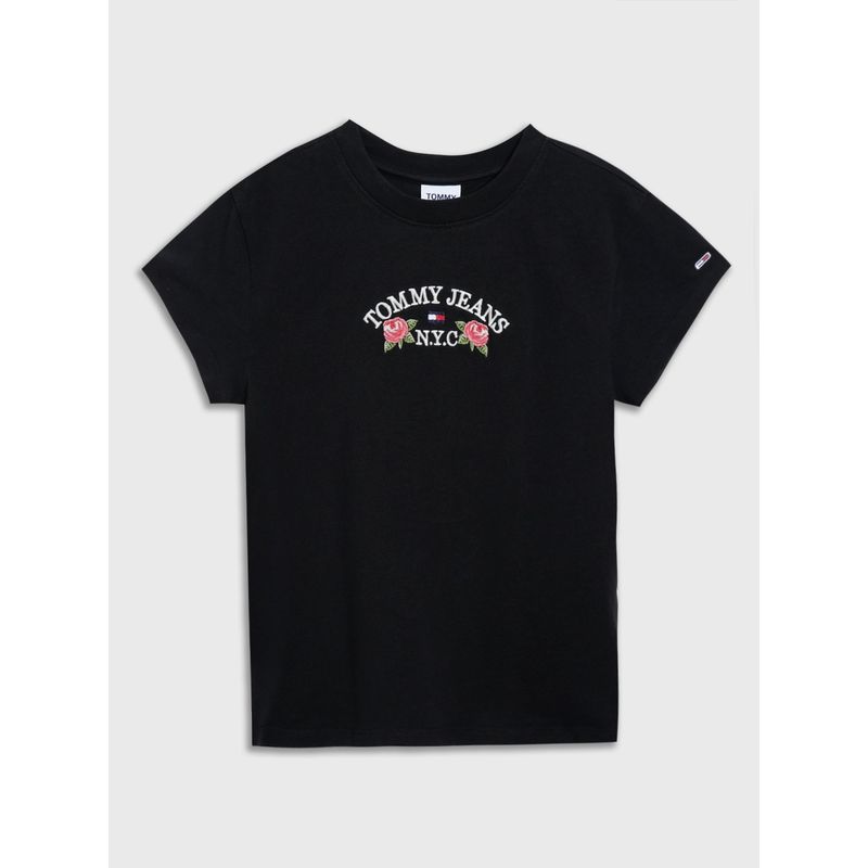 TOMMY HILFIGER - Polera Floral Flag Logo Negro Tommy Jeans