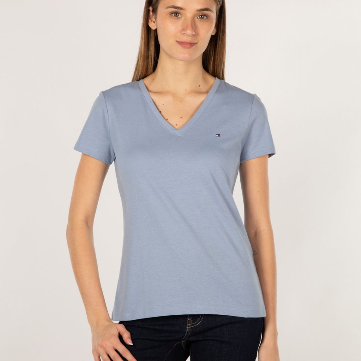 TOMMY HILFIGER - Polera Heritage V-Neck Celeste Tommy Hilfiger