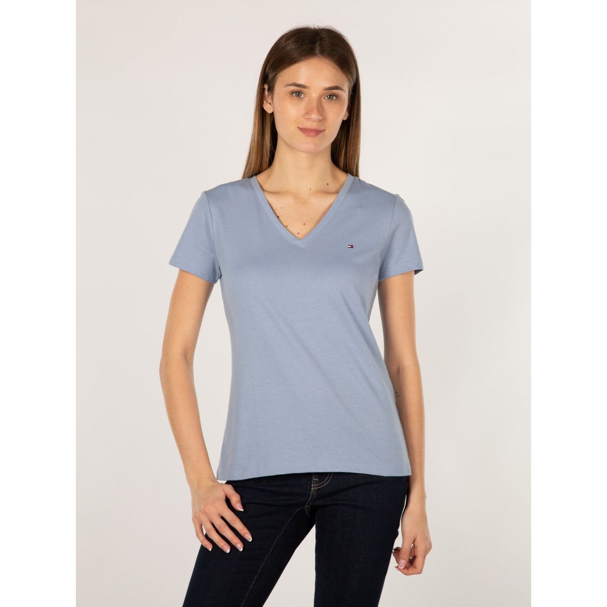 TOMMY HILFIGER - Polera Heritage V-Neck Celeste Tommy Hilfiger