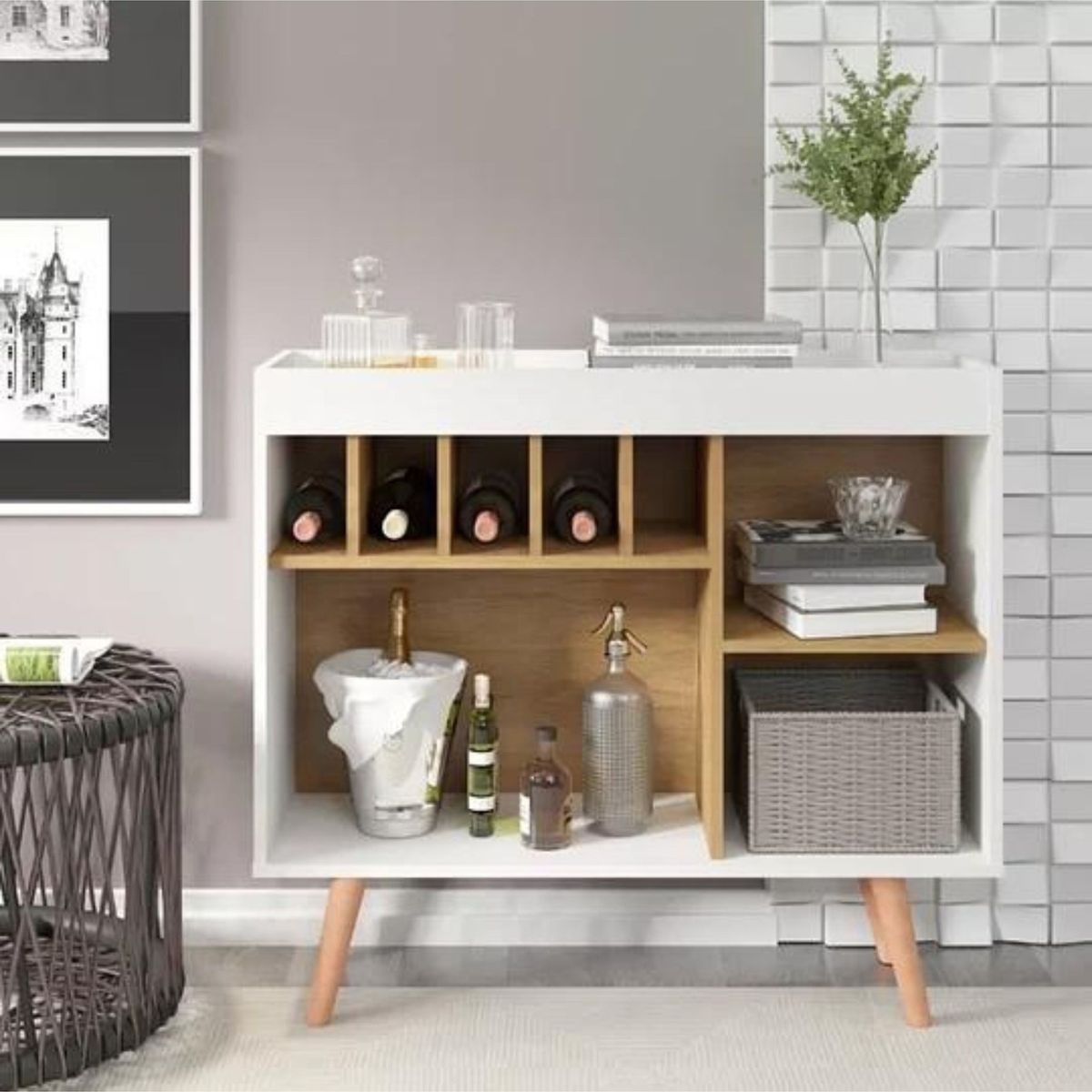 TODODESCUENTO - Bar Aparador Armario Bodeguero Living Retro Blanco