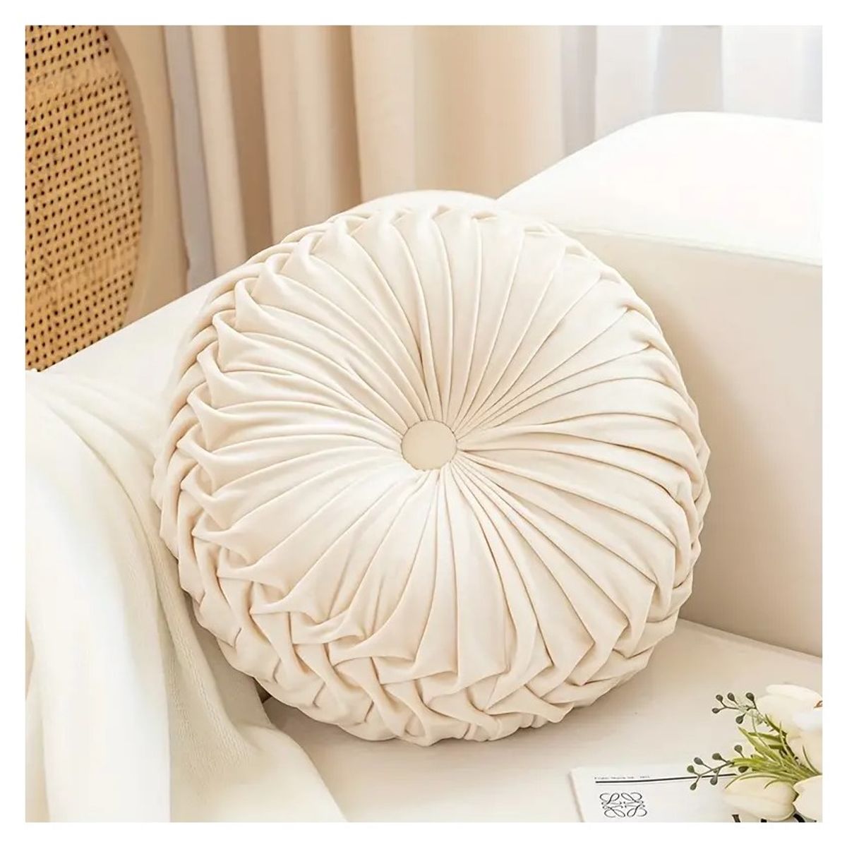 GENERICO - Cojín Redondo Terciopelo Velvet Crema Boho Chic 35 Cm