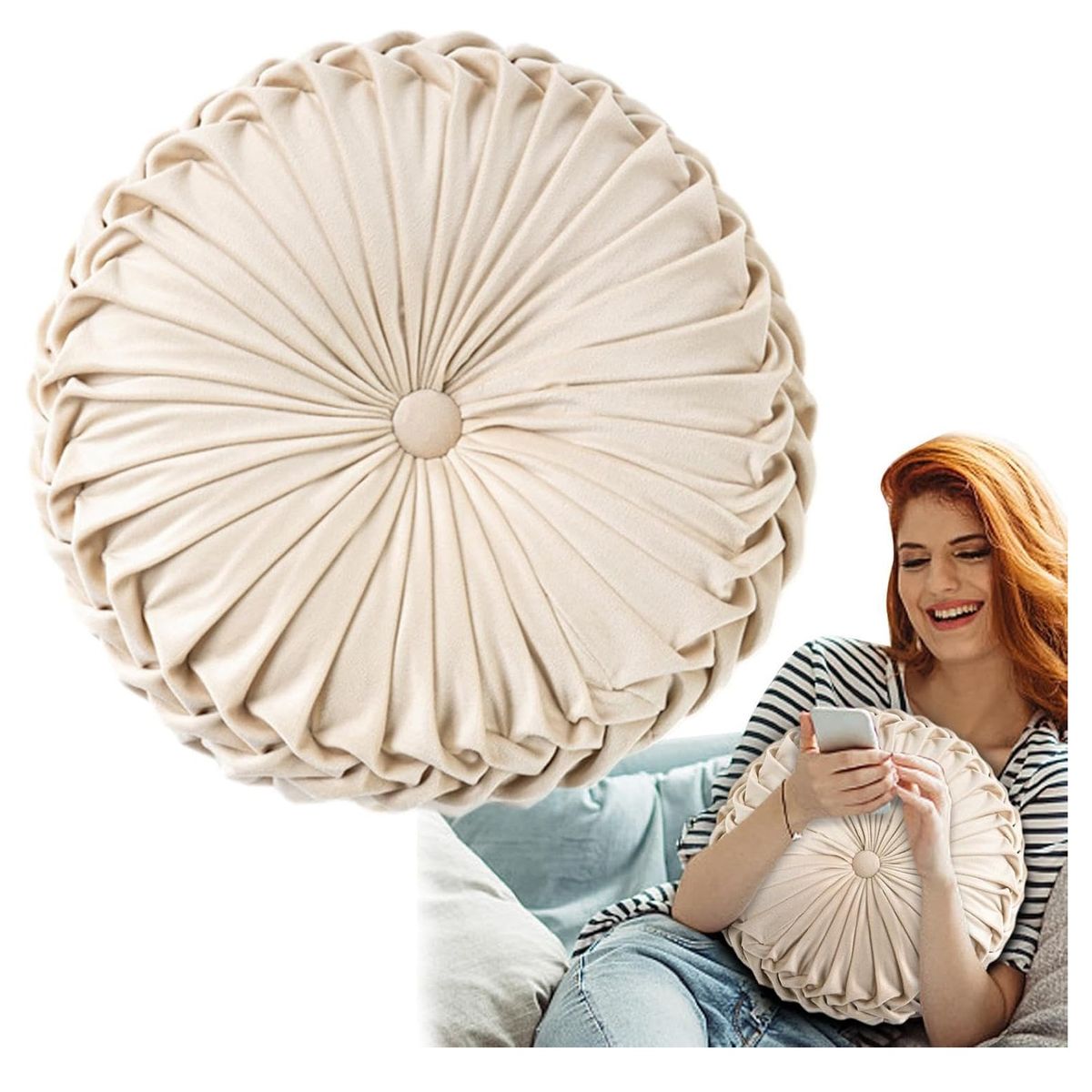 GENERICO - Cojín Redondo Terciopelo Velvet Crema Boho Chic 35 Cm