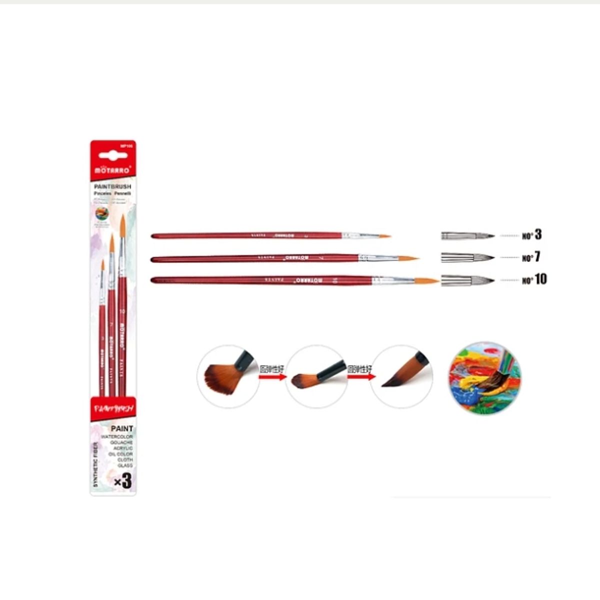 GENERICO - Set 3 Pinceles Redondos Rojos 3 Tamaños