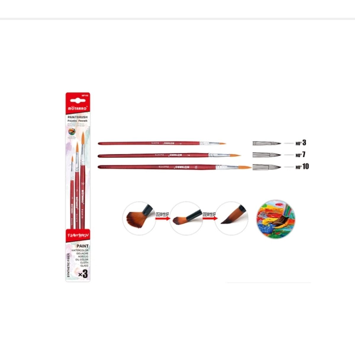 GENERICO - Set 3 Pinceles Redondos Rojos 3 Tamaños