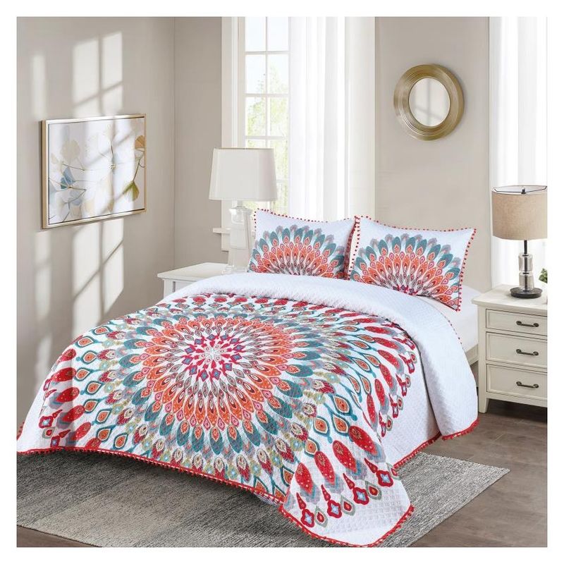 COMPRAPO - Cubrecama Quilt Hippie Chic Mandala Pompones 2 Plazas + 2 Fundas