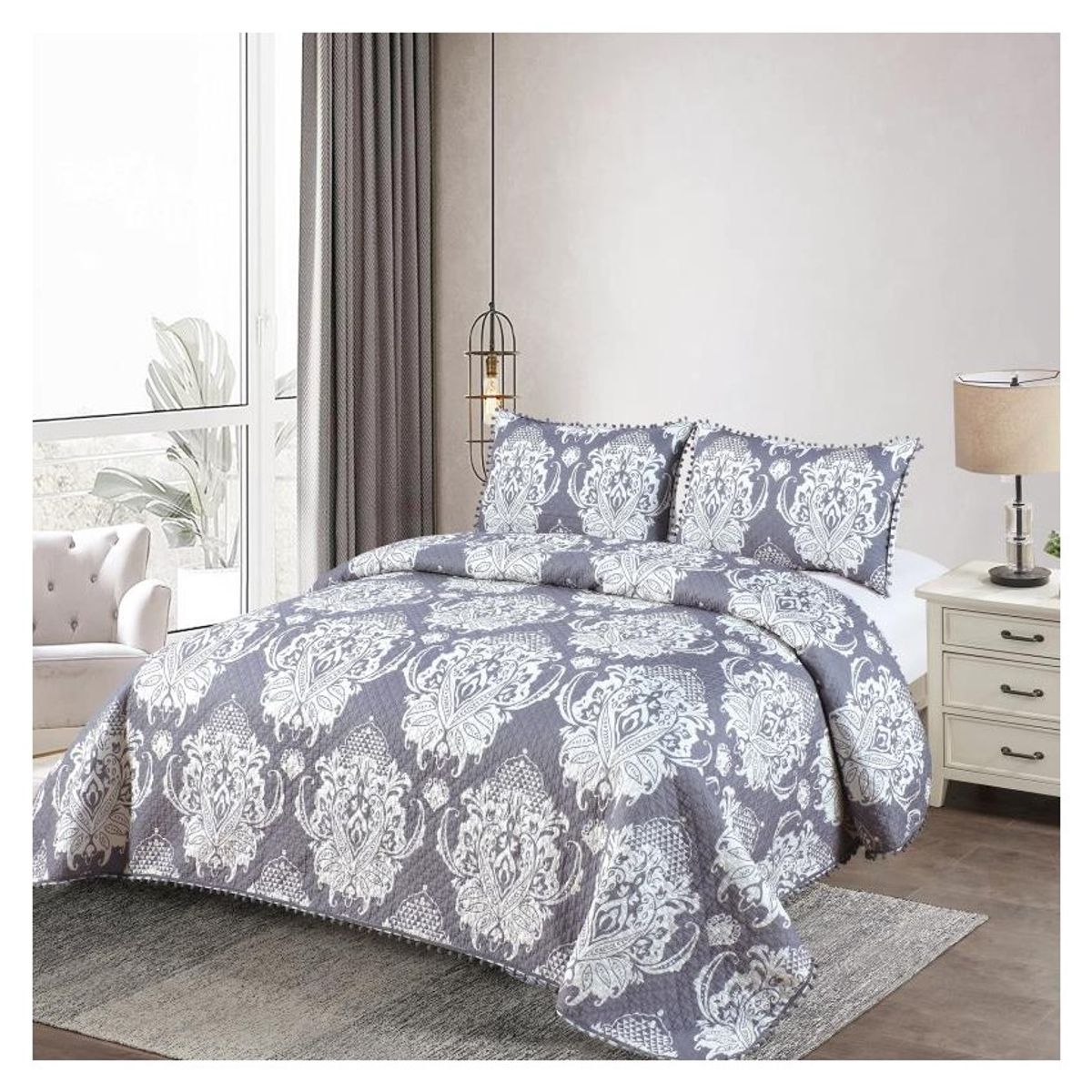 COMPRAPO - Cubrecama Quilt Hippie Chic Gris y Crudo Pompones 2 Plazas + 2 Fundas