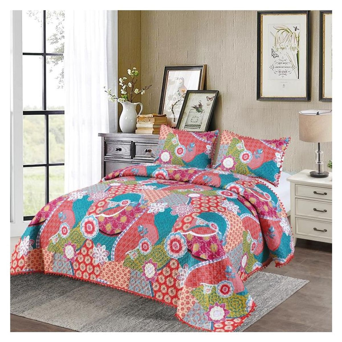 COMPRAPO - Cubrecama Quilt Hippie Multicolor Pompones 2 Plazas + 2 Fundas