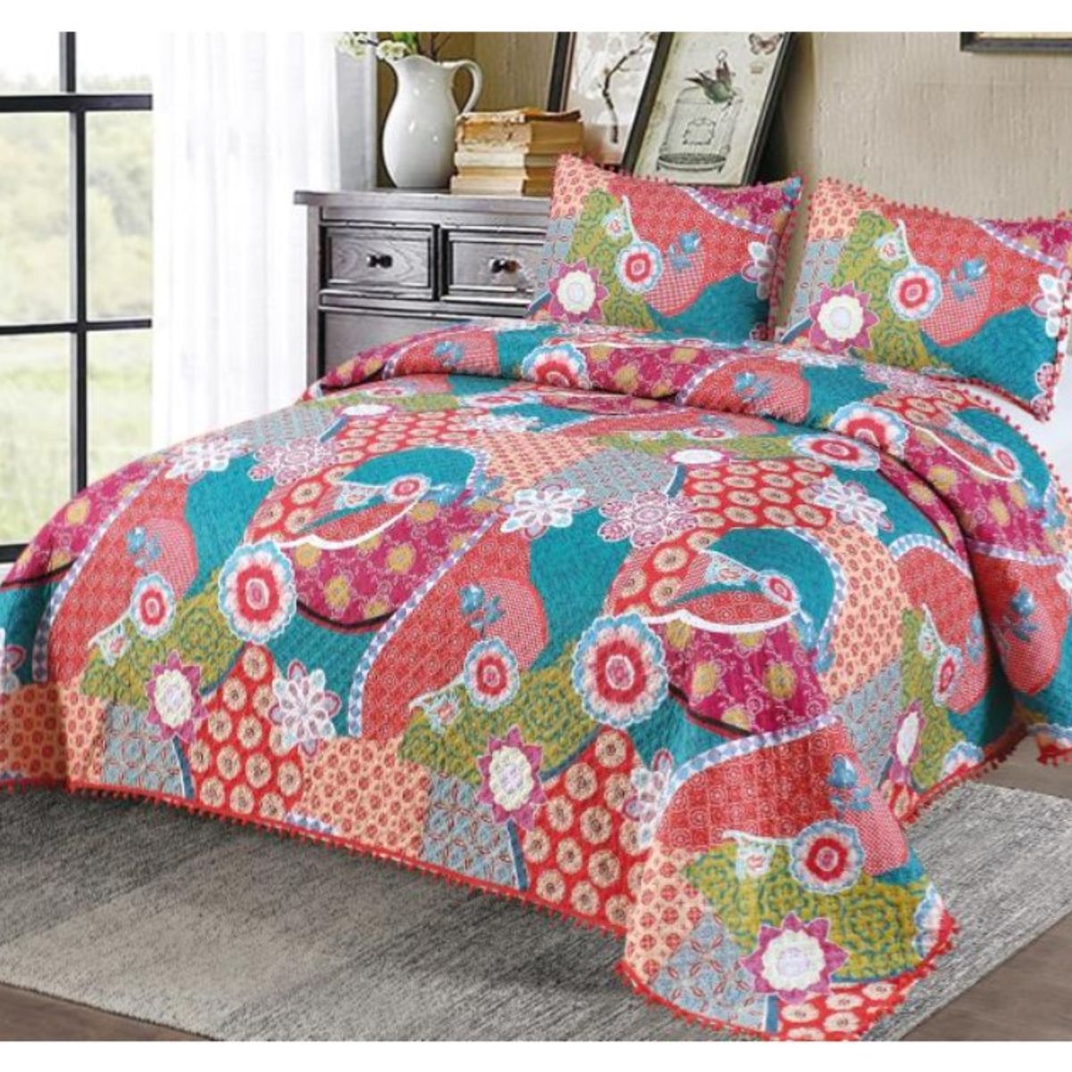 COMPRAPO - Cubrecama Quilt Hippie Multicolor Pompones 2 Plazas + 2 Fundas