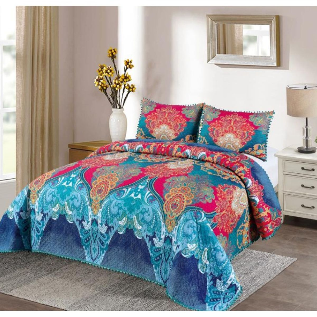 COMPRAPO - Cubrecama Quilt Multicolor Bohemian Pompones 2 Plazas + 2 Fundas