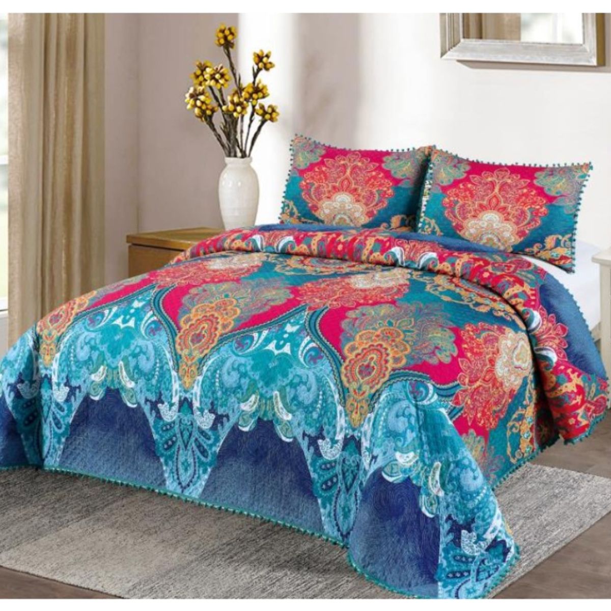 COMPRAPO - Cubrecama Quilt Multicolor Bohemian Pompones 2 Plazas + 2 Fundas