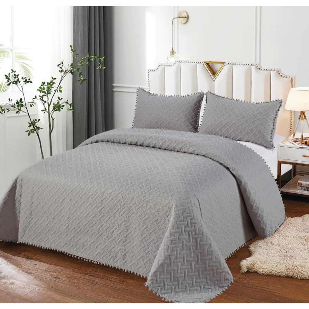 COMPRAPO - Cubrecama Quilt Pompones 2 Plazas + 2 Fundas Gris