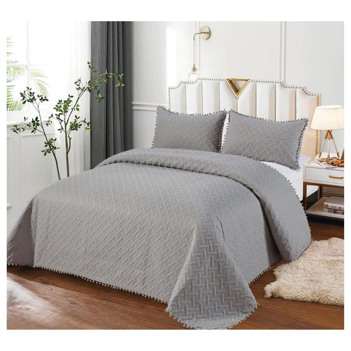 COMPRAPO - Cubrecama Quilt Pompones 2 Plazas + 2 Fundas Gris