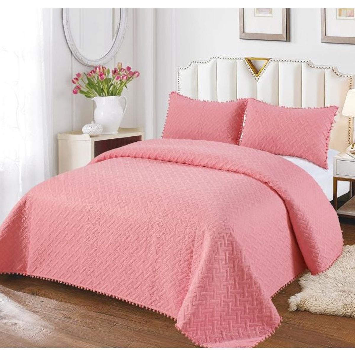 COMPRAPO - Cubrecama Quilt Pompones 2 Plazas + 2 Fundas Rosa